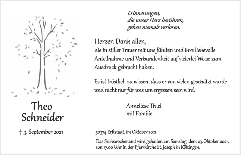  Traueranzeige für Theo Schneider vom 15.10.2021 aus  Werbepost 