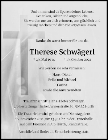 Anzeige von Therese Schwägerl von Kölner Stadt-Anzeiger / Kölnische Rundschau / Express