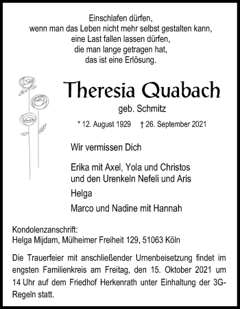 Anzeige von Theresia Quabach von Kölner Stadt-Anzeiger / Kölnische Rundschau / Express