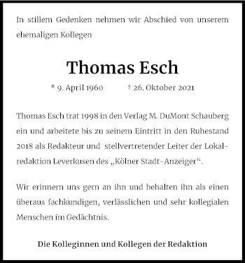 Anzeige von Thomas Esch von Kölner Stadt-Anzeiger / Kölnische Rundschau / Express