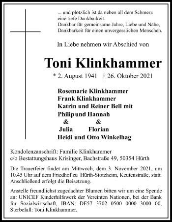 Anzeige von Toni Klinkhammer von Kölner Stadt-Anzeiger / Kölnische Rundschau / Express