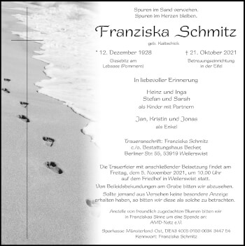 Anzeige von Tranziska Schmitz von  Blickpunkt Euskirchen 