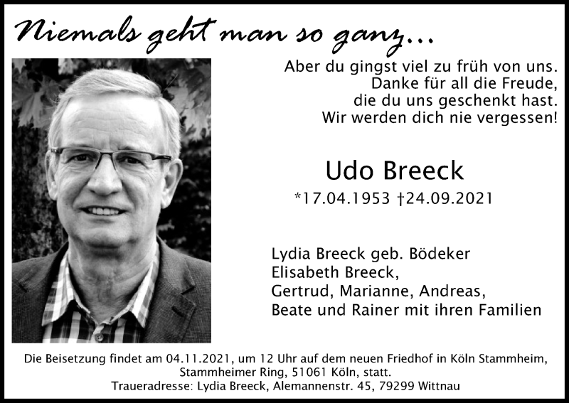  Traueranzeige für Udo Breeck vom 23.10.2021 aus Kölner Stadt-Anzeiger / Kölnische Rundschau / Express