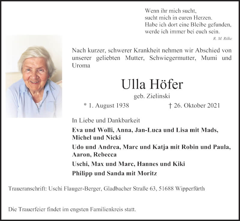  Traueranzeige für Ulla Höfer vom 30.10.2021 aus Kölner Stadt-Anzeiger / Kölnische Rundschau / Express