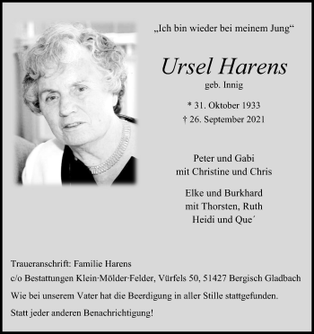 Anzeige von Ursel Harens von Kölner Stadt-Anzeiger / Kölnische Rundschau / Express