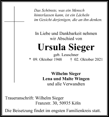 Anzeige von Ursula Sieger von Kölner Stadt-Anzeiger / Kölnische Rundschau / Express