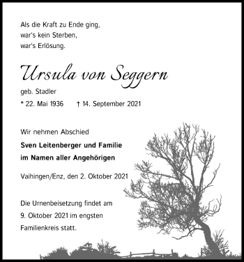 Anzeige von Ursula von Seggern von Kölner Stadt-Anzeiger / Kölnische Rundschau / Express
