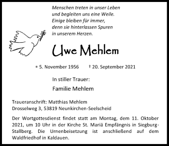 Anzeige von Uwe Mehlem von Kölner Stadt-Anzeiger / Kölnische Rundschau / Express