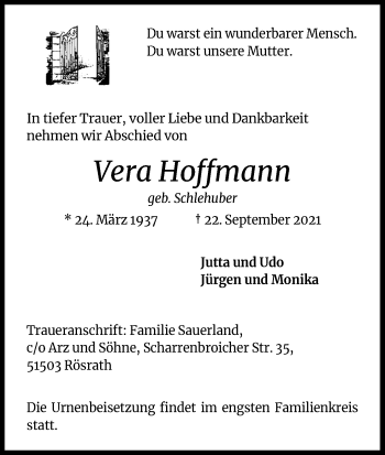 Anzeige von Vera Hoffmann von Kölner Stadt-Anzeiger / Kölnische Rundschau / Express