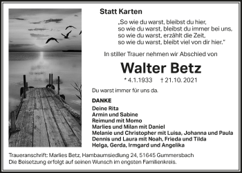 Anzeige von Walter Betz von  Anzeigen Echo 