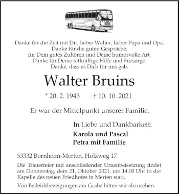 Anzeige von Walter Bruins von  Schaufenster/Blickpunkt  Schlossbote/Werbekurier 