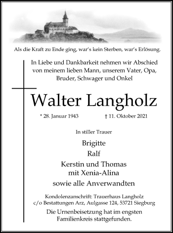 Anzeige von Walter Langholz von Kölner Stadt-Anzeiger / Kölnische Rundschau / Express