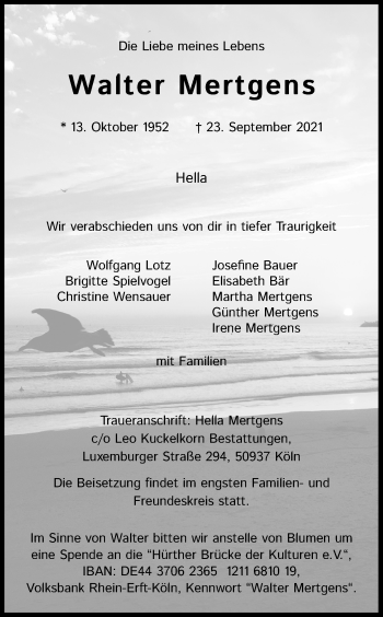 Anzeige von Walter Mertgens von Kölner Stadt-Anzeiger / Kölnische Rundschau / Express