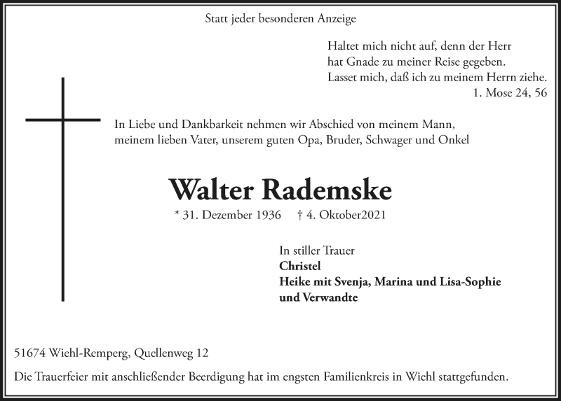  Traueranzeige für Walter Rademske vom 15.10.2021 aus  Anzeigen Echo 
