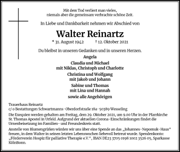 Anzeige von Walter Reinartz von Kölner Stadt-Anzeiger / Kölnische Rundschau / Express
