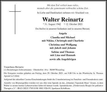 Anzeige von Walter Reinartz von  Schlossbote/Werbekurier 