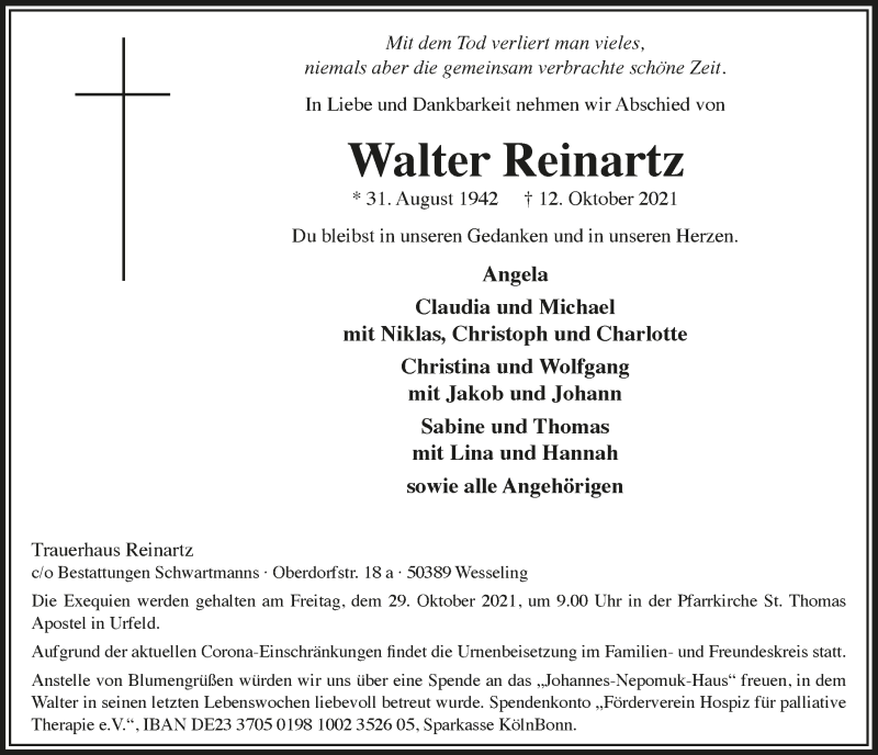  Traueranzeige für Walter Reinartz vom 22.10.2021 aus  Schlossbote/Werbekurier 