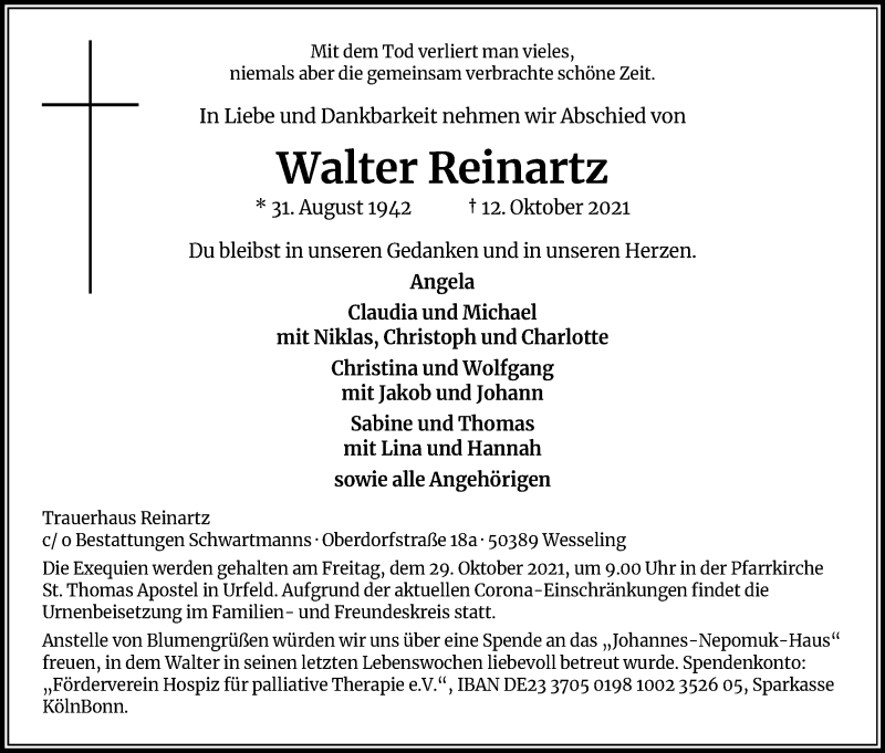  Traueranzeige für Walter Reinartz vom 23.10.2021 aus Kölner Stadt-Anzeiger / Kölnische Rundschau / Express