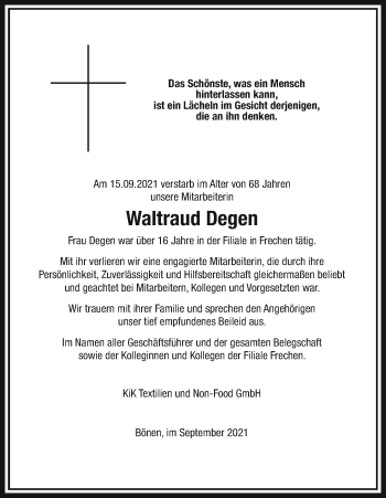 Anzeige von Waltraud Degen von Kölner Stadt-Anzeiger / Kölnische Rundschau / Express