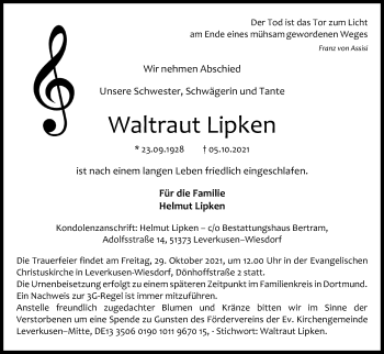 Anzeige von Waltraut Lipken von Kölner Stadt-Anzeiger / Kölnische Rundschau / Express
