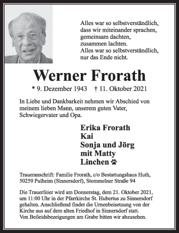 Anzeige von Werner Frorath von  Wochenende 