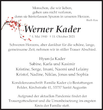 Anzeige von Werner Kader von Kölner Stadt-Anzeiger / Kölnische Rundschau / Express
