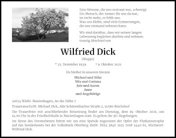 Anzeige von Wilfried Dick von Kölner Stadt-Anzeiger / Kölnische Rundschau / Express