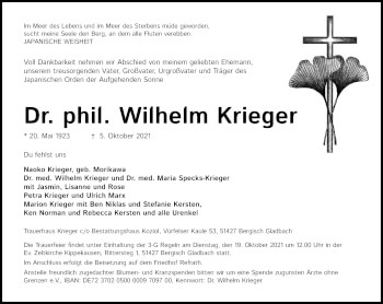 Anzeige von Wilhelm Krieger von Kölner Stadt-Anzeiger / Kölnische Rundschau / Express