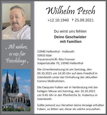 Anzeige von Wilhelm Pesch von Kölner Stadt-Anzeiger / Kölnische Rundschau / Express