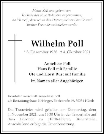 Anzeige von Wilhelm Poll von Kölner Stadt-Anzeiger / Kölnische Rundschau / Express