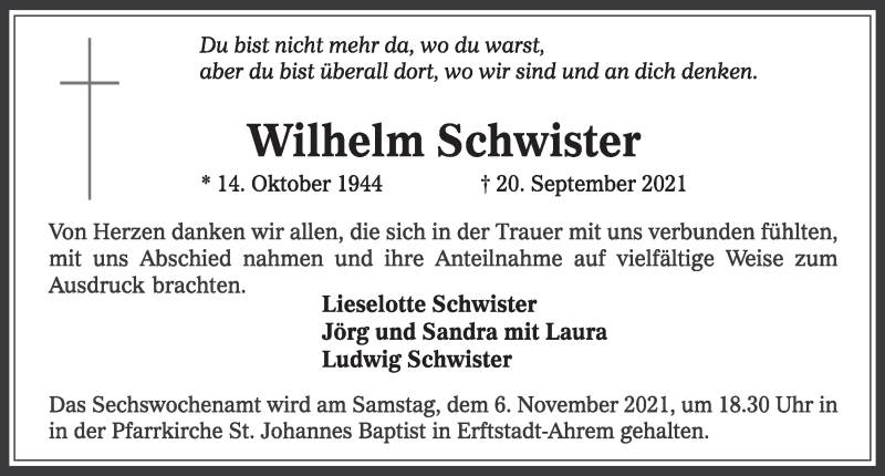  Traueranzeige für Wilhelm Schwister vom 29.10.2021 aus  Werbepost 