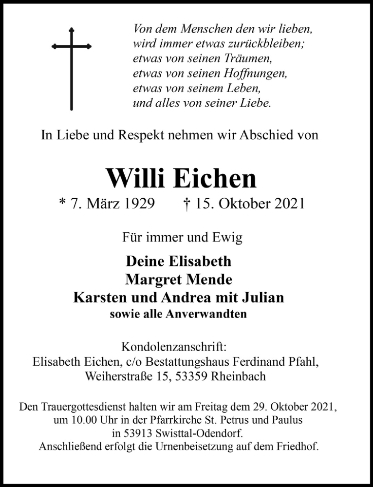  Traueranzeige für Willi Eichen vom 22.10.2021 aus  Schaufenster/Blickpunkt 