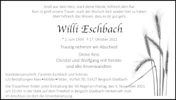 Anzeige von Willi Eschbach von Kölner Stadt-Anzeiger / Kölnische Rundschau / Express
