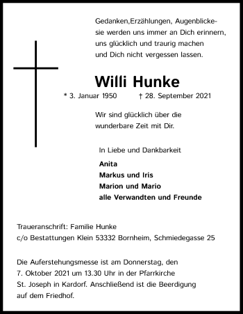 Anzeige von Willi Hunke von Kölner Stadt-Anzeiger / Kölnische Rundschau / Express