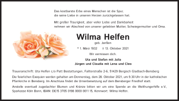 Anzeige von Wilma Helfen von Kölner Stadt-Anzeiger / Kölnische Rundschau / Express
