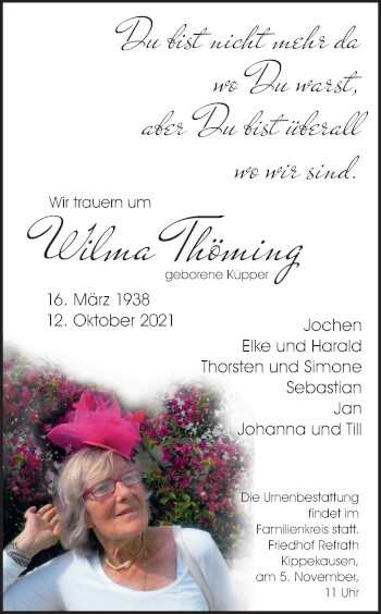 Anzeige von Wilma Thöming von Kölner Stadt-Anzeiger / Kölnische Rundschau / Express