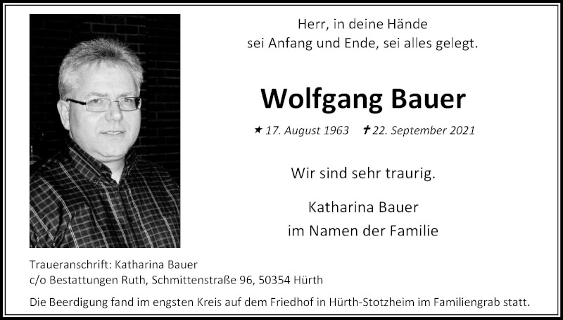  Traueranzeige für Wolfgang Bauer vom 16.10.2021 aus Kölner Stadt-Anzeiger / Kölnische Rundschau / Express