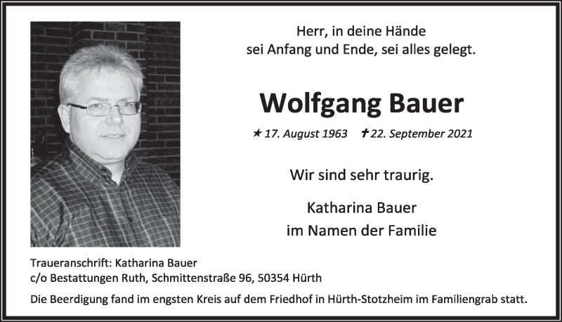  Traueranzeige für Wolfgang Bauer vom 15.10.2021 aus  Wochenende 