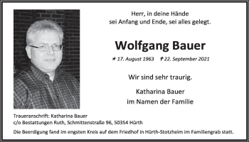 Anzeige von Wolfgang Bauer von  Wochenende 