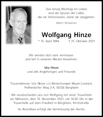 Anzeige von Wolfgang Hinze von Kölner Stadt-Anzeiger / Kölnische Rundschau / Express