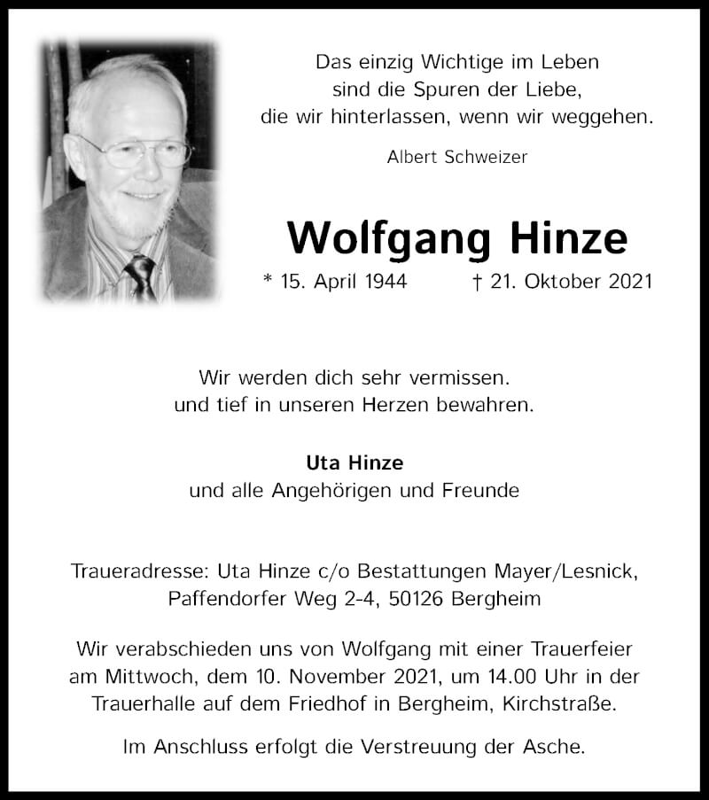  Traueranzeige für Wolfgang Hinze vom 30.10.2021 aus Kölner Stadt-Anzeiger / Kölnische Rundschau / Express