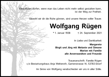 Anzeige von Wolfgang Rügen von Kölner Stadt-Anzeiger / Kölnische Rundschau / Express