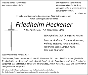 Anzeige von Friedhelm Heckener von Puhl Bestattungen