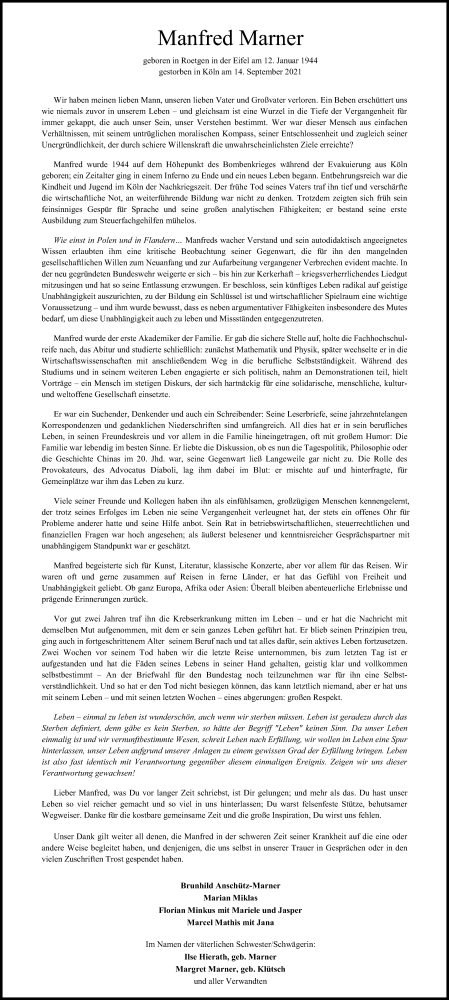  Traueranzeige für Manfred Marner vom 20.11.2021 aus Kölner Stadt-Anzeiger / Kölnische Rundschau / Express