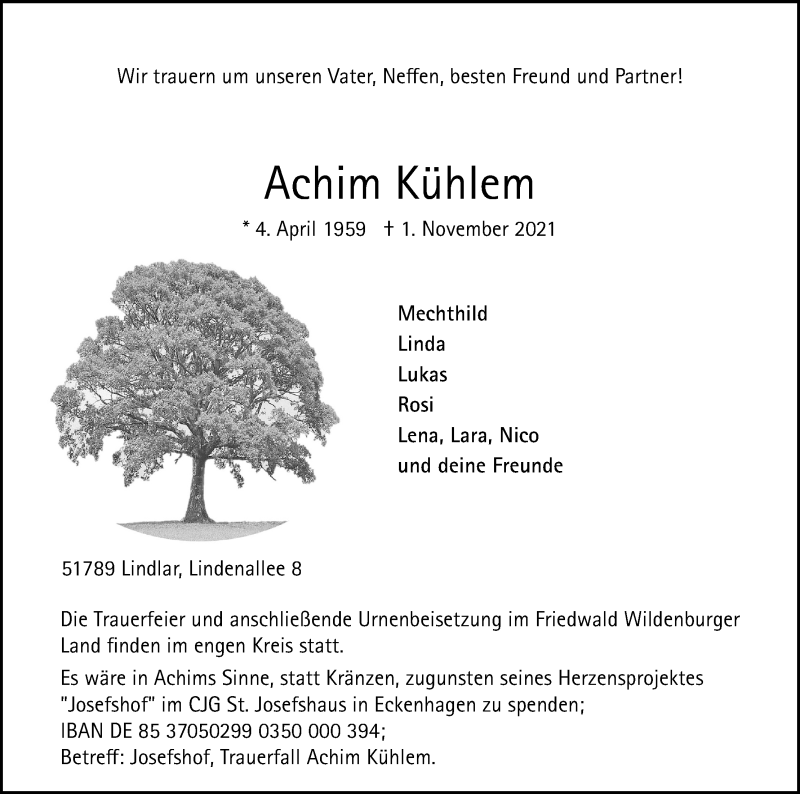  Traueranzeige für Achim Kühlem vom 06.11.2021 aus Kölner Stadt-Anzeiger / Kölnische Rundschau / Express