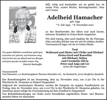 Anzeige von Adelheid Hamacher von  Werbepost 