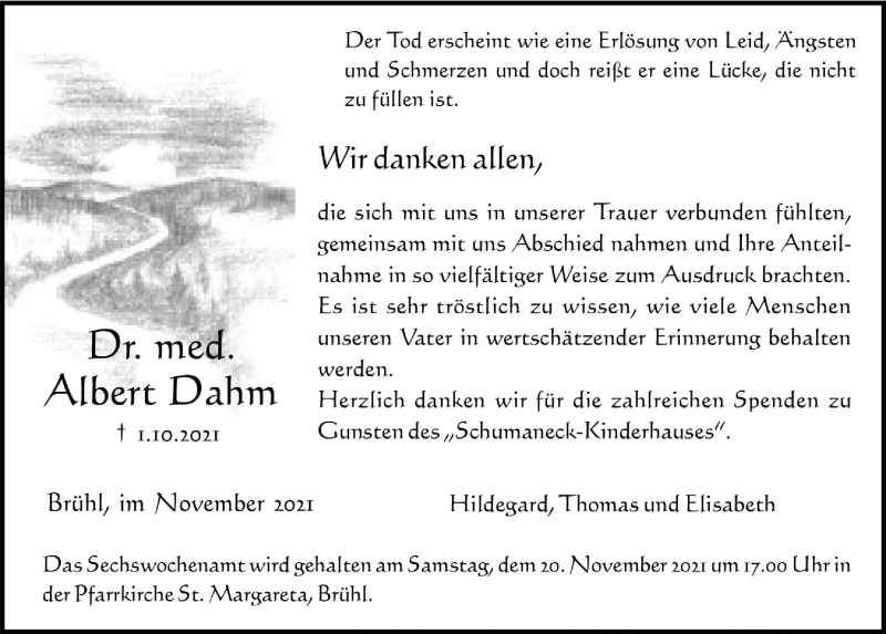  Traueranzeige für Albert Dahm vom 05.11.2021 aus  Schlossbote/Werbekurier 