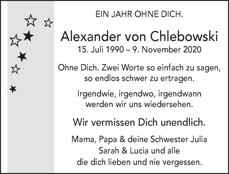  Traueranzeige für Alexander von Chlebowski vom 18.07.2023 aus  Blickpunkt Euskirchen 