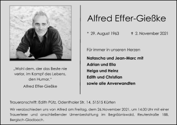 Anzeige von Alfred Effer-Gießke von Kölner Stadt-Anzeiger / Kölnische Rundschau / Express
