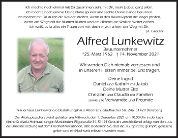 Anzeige von Alfred Lunkewitz von Kölner Stadt-Anzeiger / Kölnische Rundschau / Express